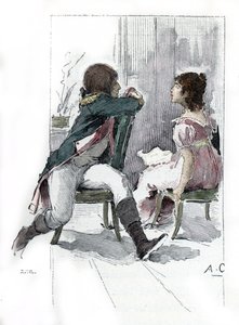 Muotokuva Napoleon Bonapartesta (1769-1821) morsiamensa Desiree Claryn (1777-1860) kanssa c. Huhtikuu 1795 (Desiree Claryn muotokuva hänen kihloissaan Napoleon Bonaparten kanssa, huhtikuu 1795) Antoine Calbetin piirros on piirretty "Napoleon et les femmes"