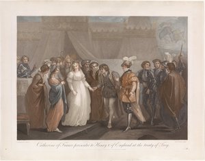 Catherine van Valois ja koning Hendrik V van Engeland Ranskalainen Catharine esitettiin Englannin Henry V.:lle Troijan sopimuksessa (otsikko esineessä)