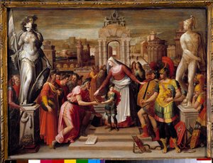 Halicarnassen kuningatar Artemise Ieren historia: "" Kirjan luovutus ja epee"" Antoine Caronin (1521-1599) maalaus 1500-luvun su. 0,51x0,67 m Beauvais, Musee departemental de l