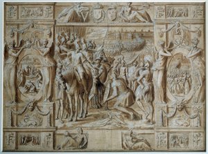 Milanon alistaminen Francois I:n joukot valloittivat Milanon kaupungin voiton jälkeen Marignanin taistelussa vuonna 1515. Antoine Caronin (1521-1599) piirustus kynällä ja pesulla 1500-luvun Pariisi, Louvre-museo tekijältä Antoine Caron