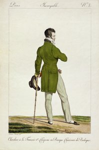Dandy, jossa on "Francois I" -hiustyyli ja kokoelma hurmaa ja rihkamaa, levy 3 "Incroyable et merveilleuses" -muotilautassarjassa, kaiverrus Georges Jacques Gatine (1773-1831) pub tekijältä Antoine Charles Horace Vernet