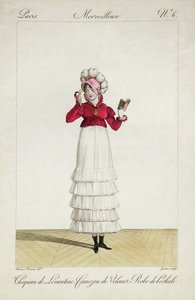 Lady in the Levantine hattu, porrashame ja samettitakki, levy 6 Incroyable et merveilleuse -muotilevysarjasta, kaiverruksen Georges Jacques Gatine (1773-1831), julkaistiin vuonna 1797 tekijältä Antoine Charles Horace Vernet