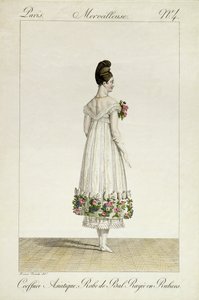 Nainen, jolla on aasialainen hiustyyli nauhoilla koristetussa pallomekossa, levy 4 Incroyable et merveilleuse -muotilevysarjasta, kaiverrus Georges Jacques Gatine (1773-1831), julkaissut 1 tekijältä Antoine Charles Horace Vernet