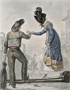Nainen maksaa kadunlakaisijalle, jotta tämä ylittäisi likaisen kadun yli kulkevan lankun. tekijältä Antoine Charles Horace Vernet