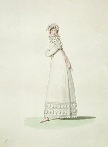 Tyylikäs nainen ulkomekossa, kuvitus teoksesta "Incroyables et Merveilleuses" tekijältä Antoine Charles Horace Vernet
