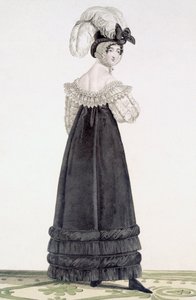 Lady in Velvet Morning Dress, levy 24 "Incroyable et Marvelousista", kaiverrus Georges Jacques Gatine (1773-1831), pub. Pariisi, 1797 (akvatintakaiverrus) tekijältä Antoine Charles Horace Vernet