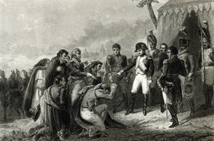 Voitettu espanjalainen kumarsi Napoleonin edessä ennen hänen saapumistaan Madridiin joulukuussa 1808 tekijältä Antoine Charles Horace Vernet