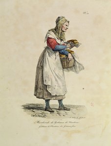 Nanterren kakkumyyjä, numero 10 Pariisin huudot -sarjasta, kaiverrus Francois Seraphin Delpech (1778-1825) (väri litho) tekijältä Antoine Charles Horace Vernet