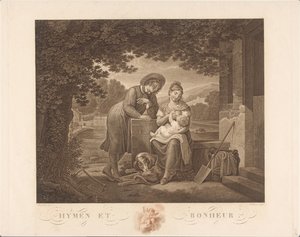 Nuori perhe koiran kanssa Hymen et Bonheur (otsikko esineessä) tekijältä Antoine Claude François Villerey