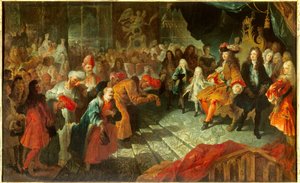 Kuningas Ludvig XIV (1638-1715) vastaanottaa Persian ylimääräisen suurlähettilään Mehemet Reza Beyn (Raza-Beyn) Versaillesin jäätelögalleriassa 19.2.1715 Antoine Coypelin (1661-1722) Sunin maalaus. 0,7x1,5 m