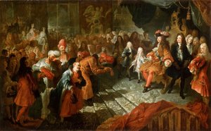 Ludvig XIV vastaanottaa Persian suurlähettilään Galerie des Glacesissa Versailles