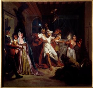 Nukkuva Don Quijote taistelee nahkoja vastaan. Miguel de Cervantes Saavedran (1547-1616) "Nerokas herrasmies Don Quijote La Manchasta". Charles Antoine Coypelin (1694-1752) maalaus vuodelta 1716. Öljy kankaalle. Mitat: 1,23 x 1,28 m. Compiegne, Musee Natio