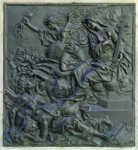 Ranskan enkeli karkottaa harhaoppisia, yksityiskohta Ludvig XIV:n patsaan jalustasta, n. 1687 (pronssi)