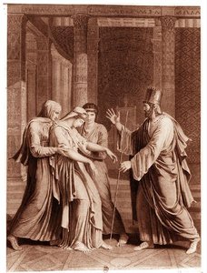 Ester ennen Assuerusta, kuvitus Jean Racinen (1639-99) teoksesta Ester, kaiverrettu Mathieun toimesta (kaiverrus) (s/w-kuva). tekijältä Antoine Denis (after) Chaudet