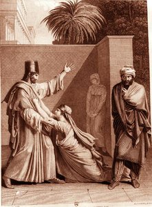 Esther rukoilee Assuerusta Amanin läsnäollessa, kuvitus Jean Racinen (1639-99) Estheristä, kaiverrettu J.J. Coiny (kaiverrus) (m/w kuva) tekijältä Antoine Denis (after) Chaudet