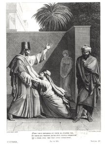 Esther rukoilee Assuerusta Amanin läsnäollessa, Jean Racinen (1639-1699) kuvitus Estheristä, kaiverrettu J.J. Coiny (1761-1809)