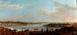 Panoraamanäkymä Istanbuliin, Turkki"" (Istanbulin panoraamanäkymä) Antoine Favray (1706-1791) maalaus Öljy kankaalle 1700-luku Dim 100x213 cm Pera Museum, Istanbul tekijältä Antoine Favray