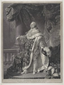 Le Sacre - Kuningas Ludvig XVI:n muotokuva kruunajaisissa, kaiverrus Charles-Clément Bervic (1756-1822) tekijältä Antoine Francois (after) Callet