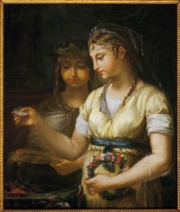 Kaksi vestaalia valmistamassa uhria. Maalaus Antoine Francois (Antoine-Francois) Callet (1741-1823), öljy kankaalle tekijältä Antoine François Callet