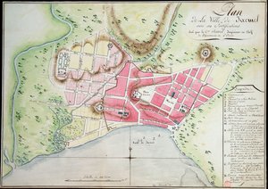Jacmelin kaupungin suunnitelma linnoituksineen tekijältä Antoine François Sorrel des Rivieres