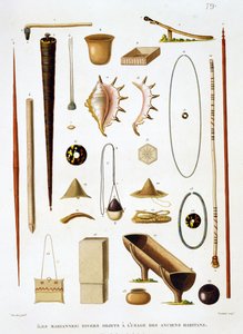 Talousvälineet ja aseet Mariaanisaarilta, Voyage autour du Monde (1817-20), Louis Claude De Saulces de Freycinet (1779-1842), kaiverrus Jean Louis Denis Coutant (1776-1831), s. tekijältä Antoine Germain Bevalet
