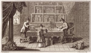 Kiinalainen kalligrafiakauppa, Alankomaiden Kiinan suurlähetystön kertomuksesta, kaiverrus A. Maisonneuve, noin 1670-luku tekijältä Antoine Humblot