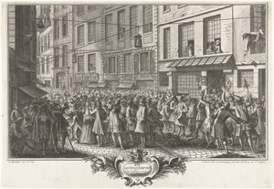 Rue Quinquempoix, 1720 Rue Quinquempoix vuonna 1720 (otsikko esineessä) Het Groote Tafereel der Dwaasheid (sarjan nimi) tekijältä Antoine Humblot