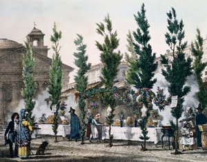 Ruokakeittimet Pantheonissa Pyhän Joosefin juhlan aikana, Antoine Jean-Baptiste Thomasin (1791-1834) kaiverrus Un an a Rome et dans ses environs (Yksi vuosi Roomassa ja sen ympäristössä), Ranska tekijältä Antoine Jean Baptiste Thomas
