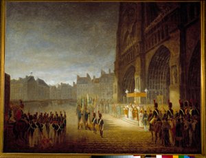 Lippujen siunaus Cathedrale Notre Dame de Parisin aukiolla vuonna 1804 Antoine Jean Grosille (1771-1835) kuuluva maalaus 1800-luvun su. 1,1x1,46 m Pariisi, Musee Carnavalet tekijältä Antoine Jean (attr. to) Gros