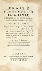 Traite Elementaire de Chimie, Tome II, Pariisissa, 1789 julkaistun nimisivu (painettu) tekijältä Antoine Laurent de Lavoisier