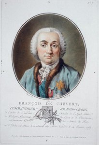 Francois de Chevert (1695-1769) teoksesta "Muotokuvia suurista miehistä, maineikkaista naisista ja ikimuistoisista Ranskan kohteista", Riden kaivertama, julkaistu 1787-92 (värilitho)