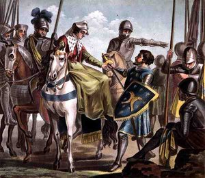 Jeanne de Navarre (1271-1304) ottaa Baarivangin kreivin, kaiverrus Jean Baptiste Morret (fl. 1790-1820) 1788 (värinen kaiverrus)