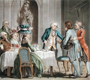 Comte de Vaux (1705-88) tarjoaa ruokaa ja juomaa maanviljelijälle, kaiverruksen Jean Baptiste Morret (fl.1790-1820)