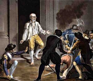Gaspard de Colignyn kuolema, kaiverrus Jean Baptiste Morret (fl.1790-1820) 1788 (värikaiverrus)