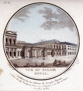 Näkymä Pariisin kuninkaallisesta palatsista - Kersantin "" Kuvankauniit näkymät Pariisin päärakennuksista" tekijältä Antoine Louis Francois Sergent Marceau