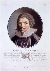 Charles de Crequi, teoksesta Muotokuvia suurista miehistä, maineikkaista naisista ja ikimuistoisista Ranskan aiheista, kaiverrettu ja painettu värillisesti, julkaisija Pierre Blin, 1786-92, Pariisi (värikaiverrus) tekijältä Antoine Louis Francois Sergent Marceau