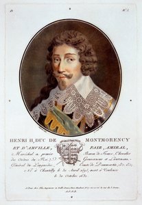 Henri II, Duc de Montmorency et dAmville, teoksesta Muotokuvia suurista miehistä, maineikkaista naisista ja ikimuistoisista Ranskan kohteista, kaiverrettu ja painettu värillinen, julkaisija Pierre Blin, 1786-92, Pariisi (n. tekijältä Antoine Louis Francois Sergent Marceau