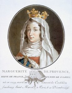 Marguerite de Provence, muotokuvia suurista miehistä, maineikkaista naisista ja ikimuistoisista Ranskan kohteista, kaiverrettu ja painettu värillisesti, julkaisija Pierre Blin, 1786-92, Pariisi (värikaiverrus) tekijältä Antoine Louis Francois Sergent Marceau