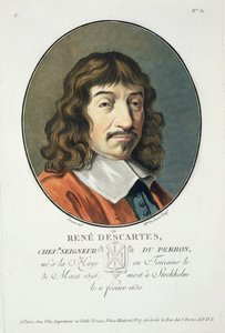 Rene Descartes teoksesta "Muotokuvia suurista miehistä, maineikkaista naisista ja ikimuistoisista Ranskan aiheista, kaiverrettu ja painettu värillisesti", julkaisija Pierre Blin, 1786-92, Pariisi tekijältä Antoine Louis Francois Sergent Marceau