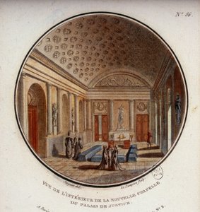 Näkymä oikeustalon, nykyisen Sainte Chapellen, Pariisin uuden kappelin sisätiloihin. Kersantin prittoreskissa näkymässä Pariisin päärakennuksiin tekijältä Antoine Louis Francois Sergent Marceau