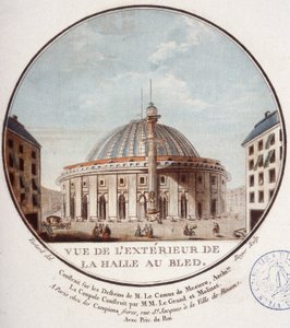 Näkymä vehnämarkkinoiden ulkopuolelle, Le Camus de Mézièresin vuosina 1763–1766 rakentama Pariisi, joka on nykyään Pariisin pörssi. Kersantin prittoreskissa näkymässä Pariisin päärakennuksiin tekijältä Antoine Louis Francois Sergent Marceau