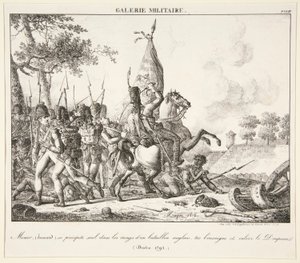 Menier (Husaari) heittäytyy yksin englantilaisen pataljoonan riviin, tappaa lipun ja vangitsee lipun (Druten, 1795)