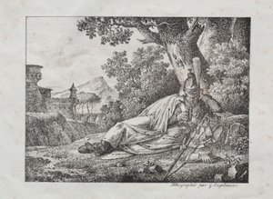 Kokoelma litografisia esseitä: Tupakoiva lohikäärme makaa puun juurella, 1822.