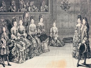 Burgundin herttua, Mainen herttuatar, Kontin prinsessa ja Chartresin herttua kuuntelemassa musiikkia, kaiverrus, Ranska