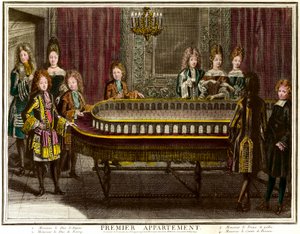 Philippe Ranskan, Anjoun herttua, sitten Espanjan kuningas (1683-1746), Charles, Berryn herttua (1686-1714) ja Walesin prinssi soittamassa portiikkoa Ludvig XIV:n ensimmäisessä asunnossa Versaillesissa - Antoine Trouvainin kaiverrus (1656) -1708) Yksityine