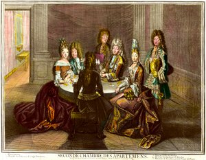 Ludvig XIV:n asuntojen toisen makuuhuoneen pihapeli. kaiverrus Antoine Trouvain (1656-1708)
