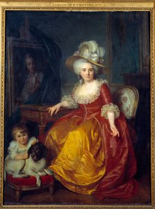 Muotokuva Madame Vestieristä (1740-1831) jaloissa lapsen jaloissa puristamassa koiran korvaa Antoine Vestierin (1740-1824) maalaus 1787 Su. 1,76x1,34 m