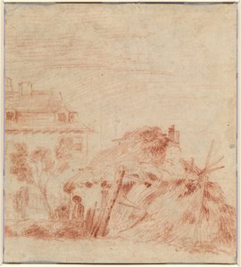 Näkymä talosta, mökistä ja kahdesta hahmosta [verso] tekijältä Antoine Watteau