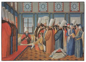 Ludvig XV:n suurlähettilään kreivi de Vergennesin esittely ottomaanisulttaanin suurvisiirille Reis Effendille "Uthman III" 31. toukokuuta 1755 tekijältä Antoine de Favray
