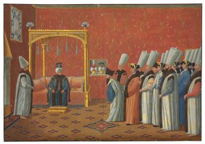 Ludvig XV:n suurlähettilään kreivi de Vergennesin esittely sulttaani "Uthman III:lle Topkapin palatsin valtaistuinsalissa 3. kesäkuuta 1755
